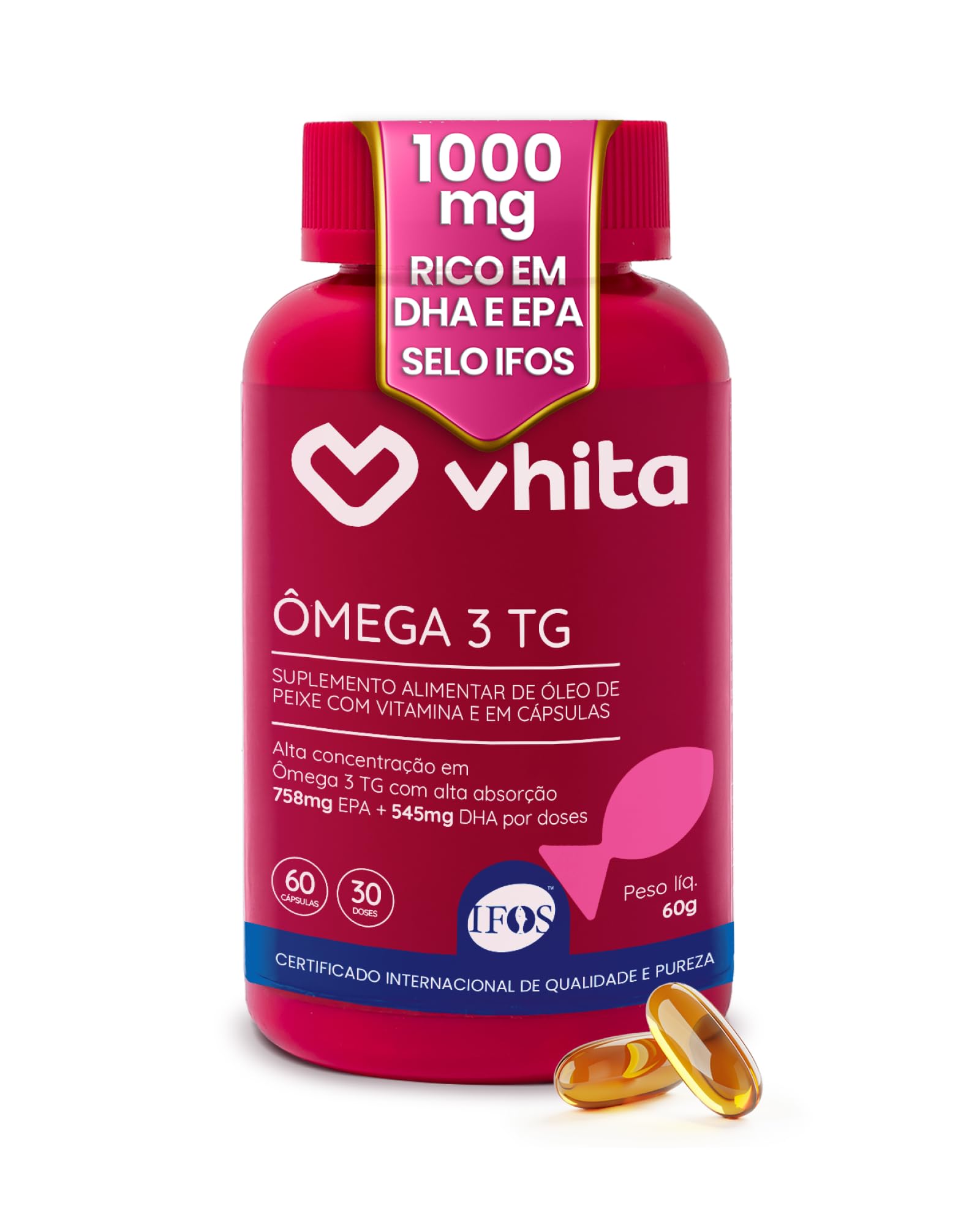 Ômega 3 1000mg Rico em EPA DHA com Selo IFOS e Vitamina E - 60 cápsulas Vhita