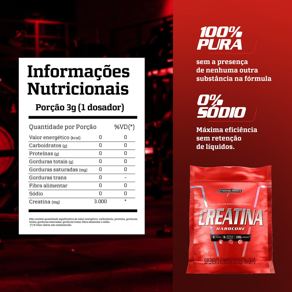 Integralmedica Creatina Hardcore - Pura Creatina Monohidratada em Pó - Suplemento para Ganho de Massa Muscular, Força e Resistência - Pouch 1kg